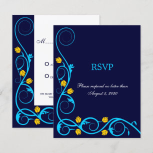 Elegant Aqua Blue and Yellow Swirls RSVP Card