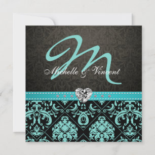 Elegant Aqua Blue / Black Damask Monogram Invites