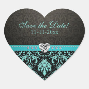 Elegant Aqua Blue / Black Damask "Save the Date" Heart Sticker