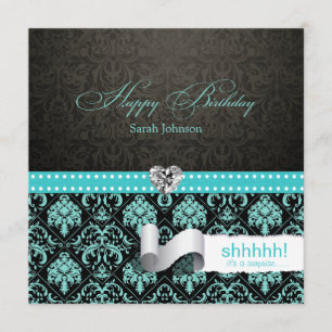 Elegant Aqua Blue & Black Damask Surprise Birthday Invitation