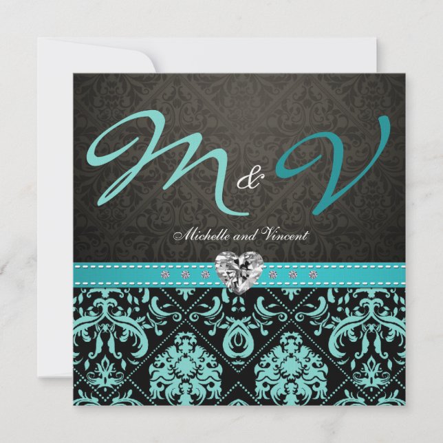 Elegant Aqua Blue / Black Damask Wedding Invites (Front)
