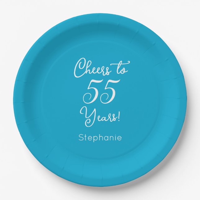 Elegant Aqua Blue Cheers to 55 Years 95th Birthday Paper Plate (Front)