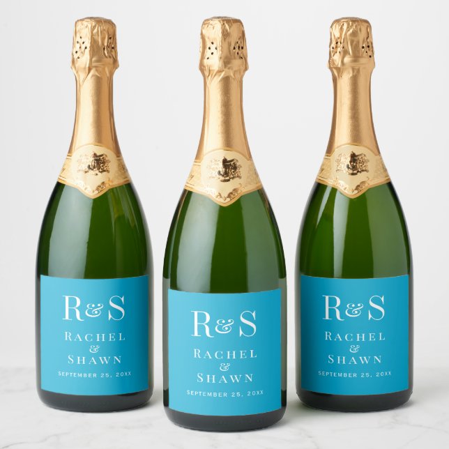 Elegant Aqua Blue Chic Modern Monogram Wedding Sparkling Wine Label (Bottles)