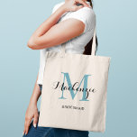 Elegant Aqua Blue Custom Wedding Bridesmaid Name Tote Bag<br><div class="desc">Elegant custom wedding tote bag features a personalised monogram typography design with modern calligraphy script name and serif monogram initial in aqua / teal blue and black colours. Includes custom text for a bridal party title like "BRIDESMAID" or other preferred wording.</div>
