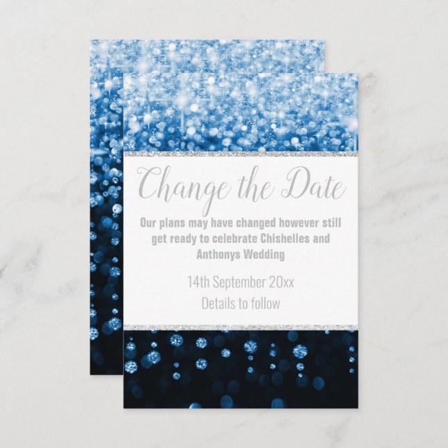 ELEGANT AQUA BLUE DIAMOND SILVER POSTPONEMENT CARD (Front/Back)