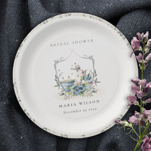 Elegant  Aqua Blue floral Teapot Cup Bridal Shower Paper Plate