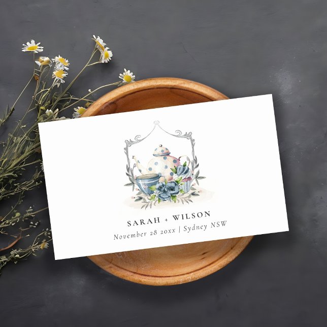 Elegant Aqua Blue floral Teapot Cup Crest Wedding Place Card (Creator Uploaded)