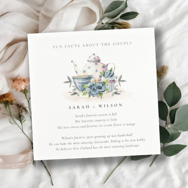 Elegant Aqua Blue Floral Teapot Fun Facts Wedding Napkin (Creator Uploaded)