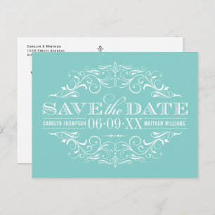 Elegant Aqua Blue Flourish Wedding Save the Date Announcement Postcard