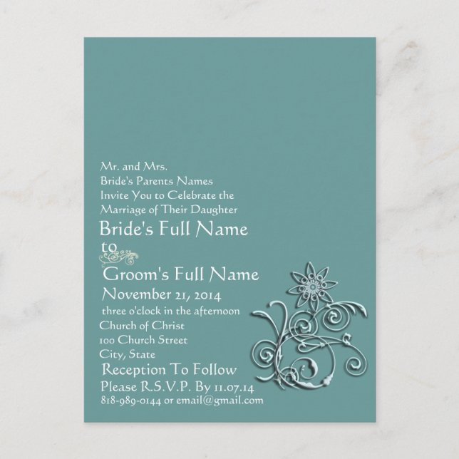 Elegant Aqua Blue Flower Wedding Invitation (Front)