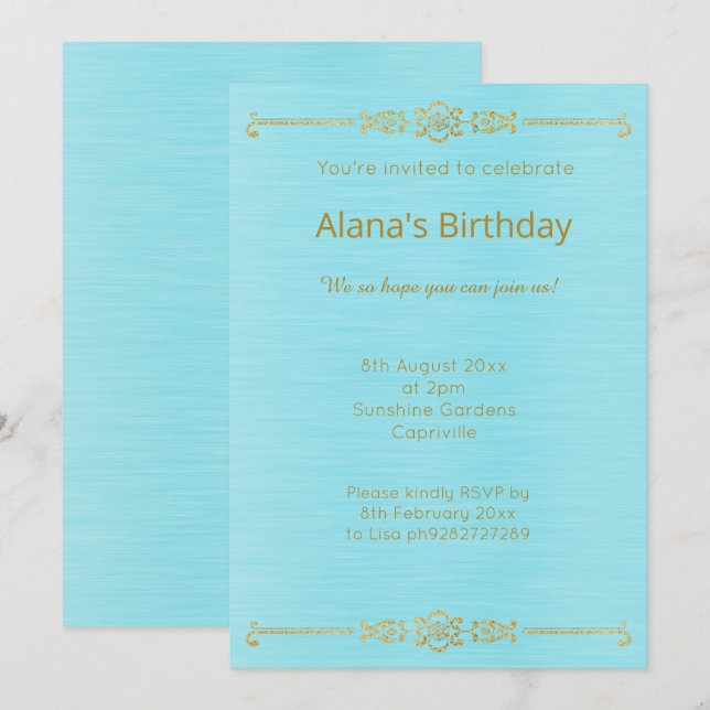 ELEGANT AQUA BLUE GOLD BORDER INVITATION (Front/Back)