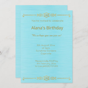 ELEGANT AQUA BLUE GOLD BORDER INVITATION