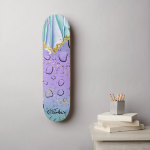 Elegant Aqua Blue Gradient Ombre Custom Name Skateboard
