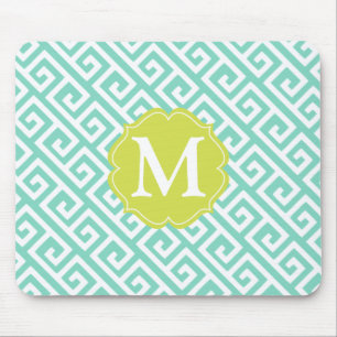 Elegant Aqua Blue Greek Key Personalised Mouse Pad