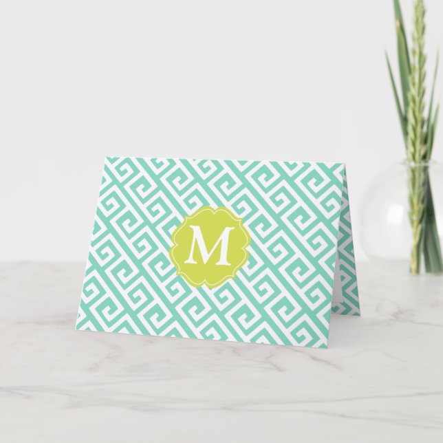 Elegant Aqua Blue Greek Key Personalised Note Card (Front)