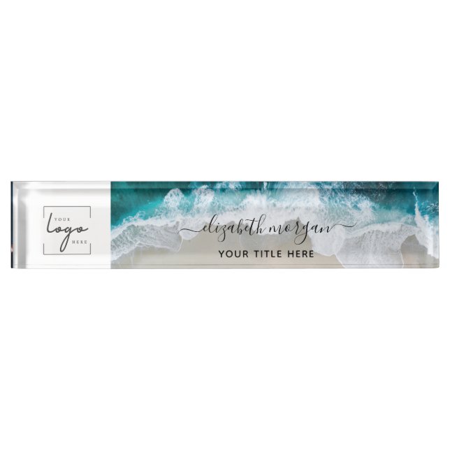 Elegant Aqua Blue Green Beach Script Logo Nameplate (Front)