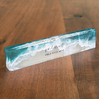 Elegant Aqua Blue Green Beach Script Modern Nameplate