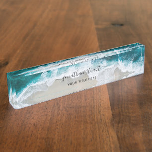 Elegant Aqua Blue Green Beach Script Nameplate