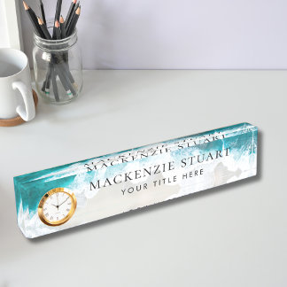 Elegant Aqua Blue Green Beach Script Nameplate