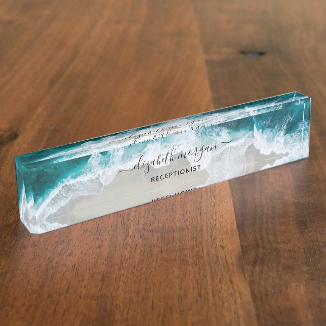 Elegant Aqua Blue Green Beach Script Receptionist Nameplate (Side)