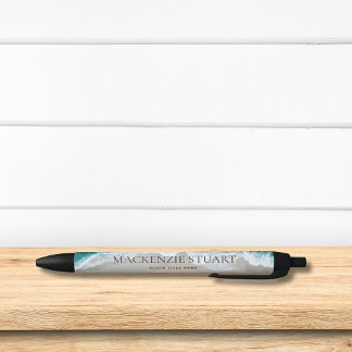 Elegant Aqua Blue Green Beach Watercolor Name Black Ink Pen