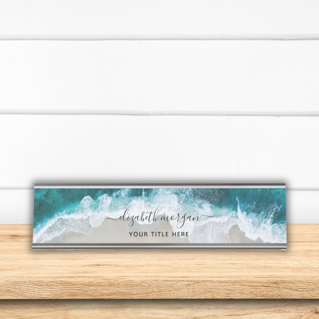 Elegant Aqua Blue Green Signature Script Name Desk Name Plate (Creator Uploaded)