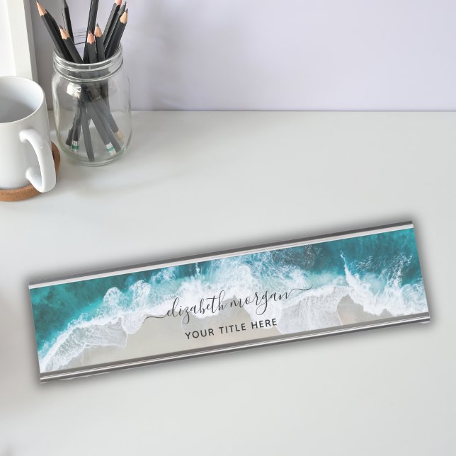 Elegant Aqua Blue Green Signature Script Name Desk Name Plate (Creator Uploaded)