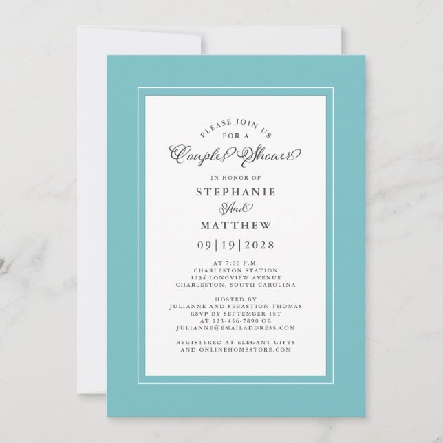 Elegant Aqua Blue Green Wedding Couples Shower Invitation (Front)