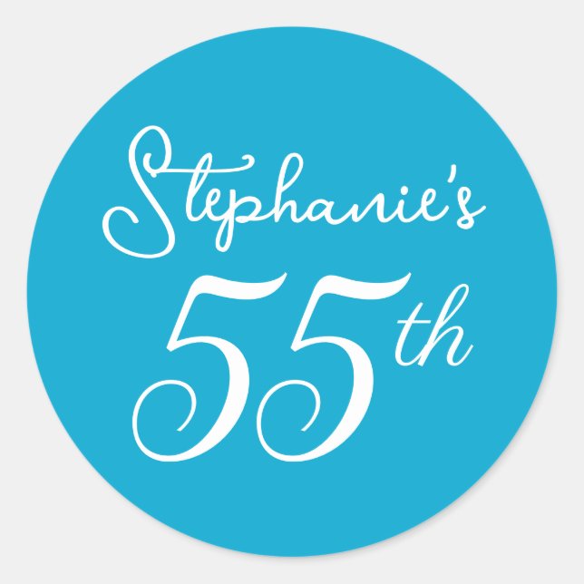 Elegant Aqua Blue Monogram 55th Birthday Party Classic Round Sticker (Front)