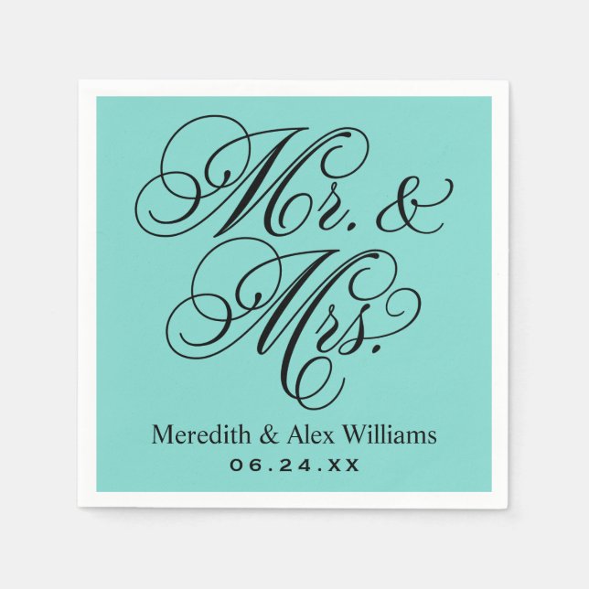 Elegant Aqua Blue Mr and Mrs Script Monogram Napkin (Front)