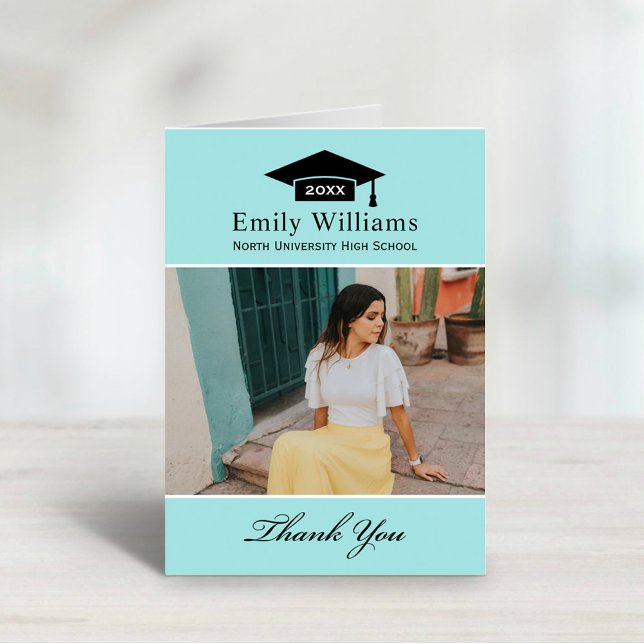 Elegant Aqua Blue Personalised Graduation Photo Thank You Card (Creator Uploaded)