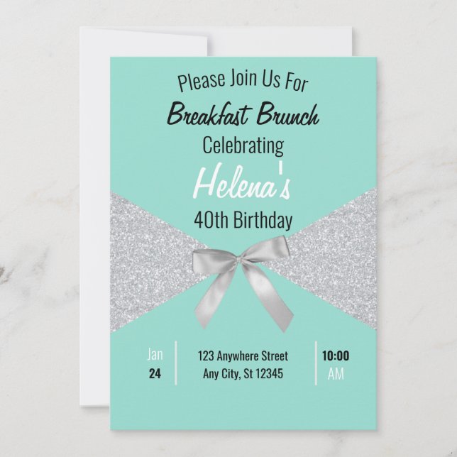 Elegant Aqua Blue & Silver Glitter Birthday Invitation (Front)
