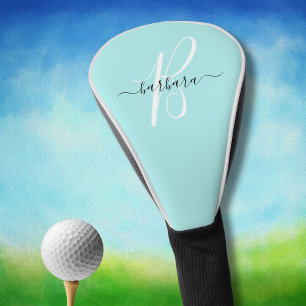 Elegant Aqua Blue Teal Monogram Initial Name *  Golf Head Cover