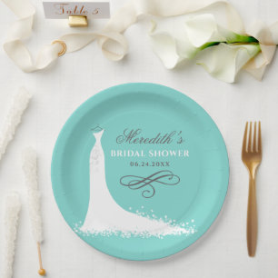 Elegant Aqua Blue Wedding Gown Bridal Shower Paper Plate
