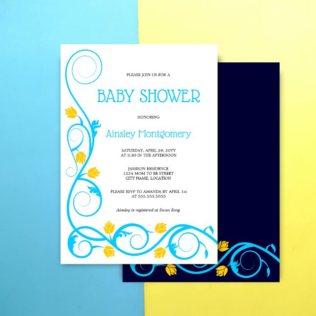 Elegant Aqua Blue Yellow Floral Swirls Baby Shower Invitation (Blue and yellow floral swirls baby shower top front and back view.)