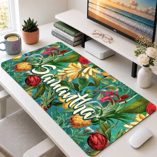 Elegant Aqua Botanical Tropical Fruit Pattern Desk Mat (Creator Uploaded)