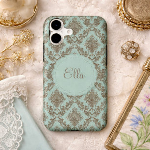 Elegant Aqua & Chocolate Damask Pattern Vintage
