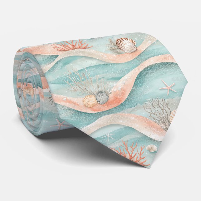 Elegant Aqua Coral Ocean Pattern Tie (Rolled)