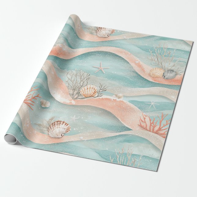 Elegant Aqua Coral Ocean Pattern Wrapping Paper (Unrolled)