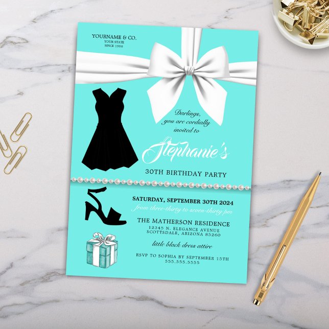 Elegant Aqua Fashion Tiffany Birthday Invitation (Little Black Dress Elegant Birthday Party Invitation with Pearls and White Bow)