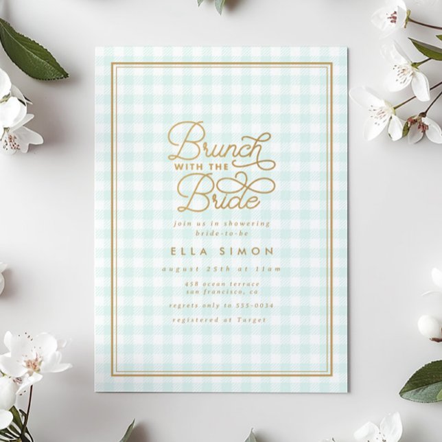 Elegant Aqua Gingham Gold Bridal Shower Brunch Invitation (Creator Uploaded)