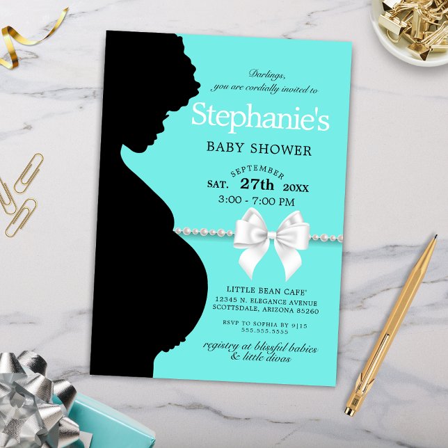 Elegant Aqua Glam Ethnic Tiffany Baby Shower Invitation (Elegant Simple Ethnic Silhouette Tiffany Theme Baby Shower Invitation with Bow and Pearls)