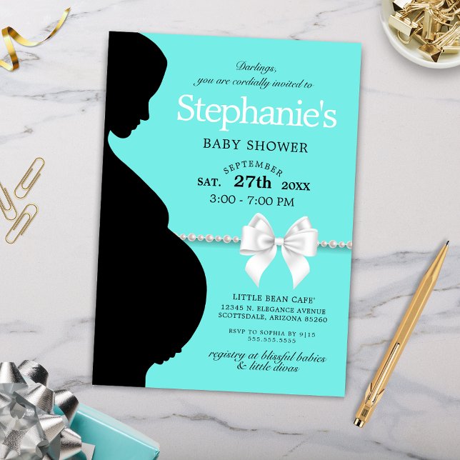 Elegant Aqua Glam Tiffany Theme Baby Shower Invitation (Elegant Teal Tiffany Theme Baby Shower Invitation with Silhouette White Bow and Pearls)
