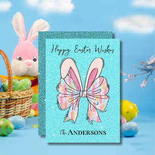 Elegant Aqua Glitter Easter Bunny Ears & Bow Holiday Card