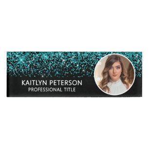 Elegant Aqua Glitter Employee Photo ID Black Name Tag