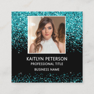 Elegant Aqua Glitter Photo QR Code Black Square Business Card