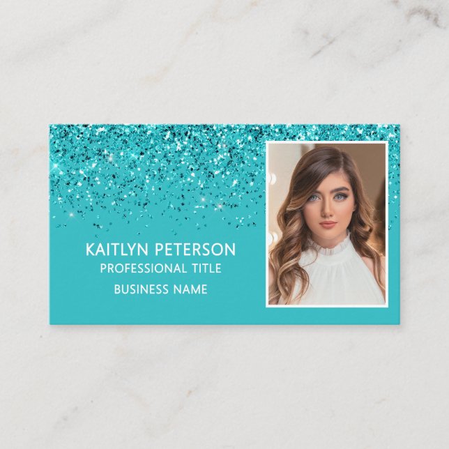 Elegant Aqua Glitter Photo QR Code  Business Card (Front)