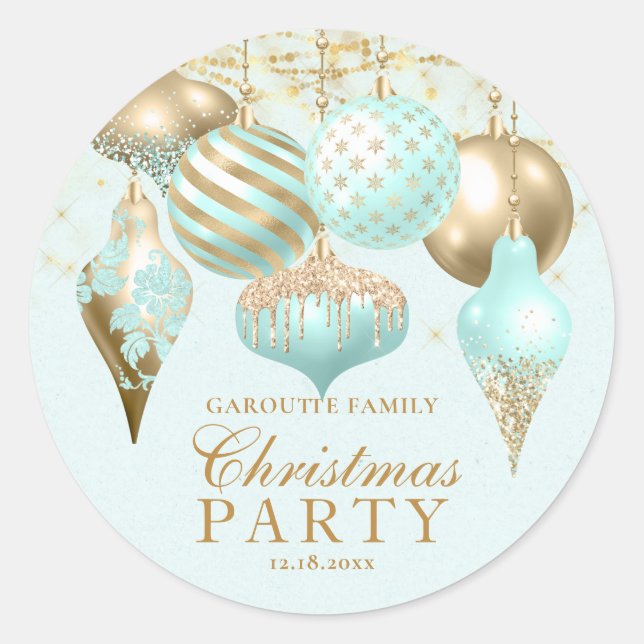Elegant Aqua Gold Ornaments Christmas Party Classic Round Sticker (Front)