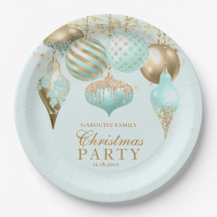 Elegant Aqua Gold Ornaments Christmas Party Paper Plate