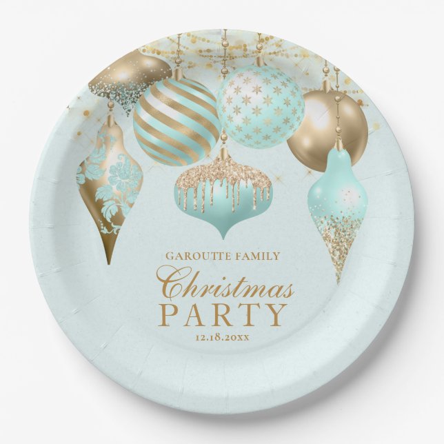 Elegant Aqua Gold Ornaments Christmas Party Paper Plate (Front)